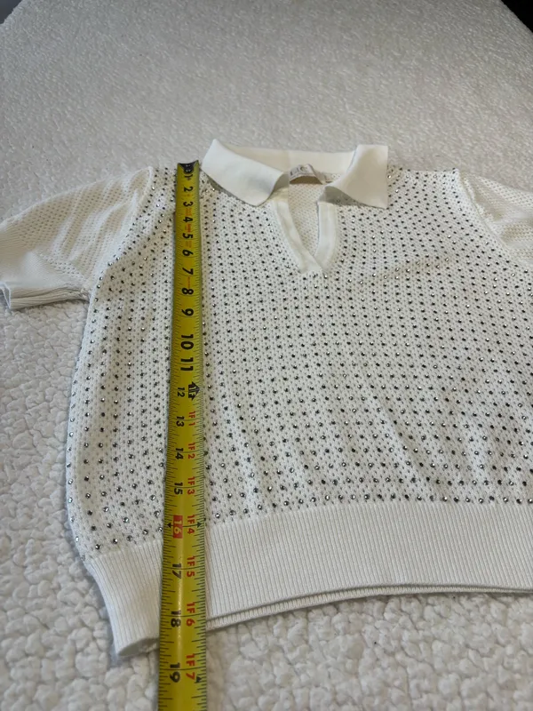 Lizette Collection Y2K Coquette White Open Knit Rhinestone Polo Top Size L - Image 6