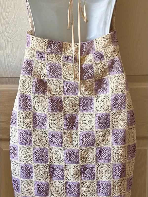 Anthropologie FORE‎ COLLECTION Lilac/Cream Checkered Crochet Halter Dress Autumn Wedding Guest - Image 10