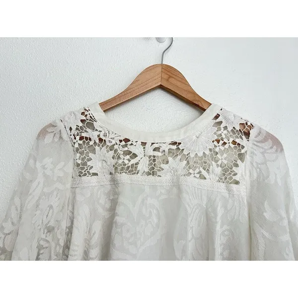 Champagne & Strawberry Floral Blouse Boho Sheer Flowy Lace Top Bell Sleeves L - Image 2