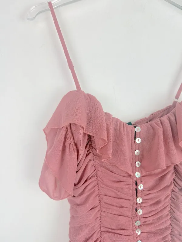 NWT Lulus Elegant Posture Mauve Pink Mesh Ruched Cold-Shoulder Bodysuit Size XS - Image 3
