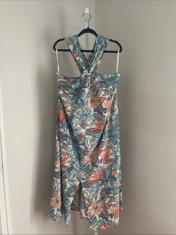 Faherty Bay Twist Seersucker Halter Midi Dress Floral Pastel Blue & Coral Sz XL - Image 3