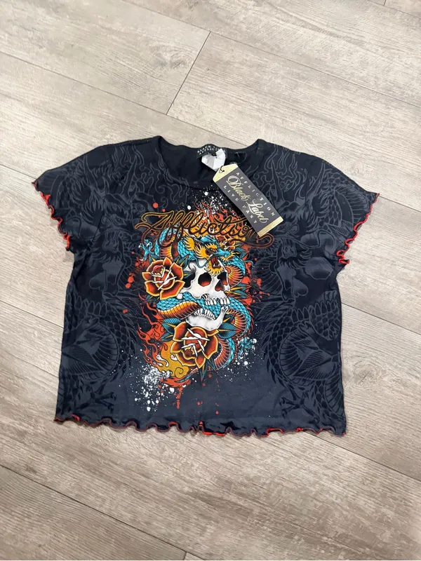 Affliction Black Cropped Graphic Tee with Multicolor Skull & Snake - Image 5