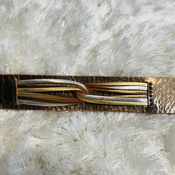 Fossil Gold Silver Wide Leather Belt Sz Medium - Image 11