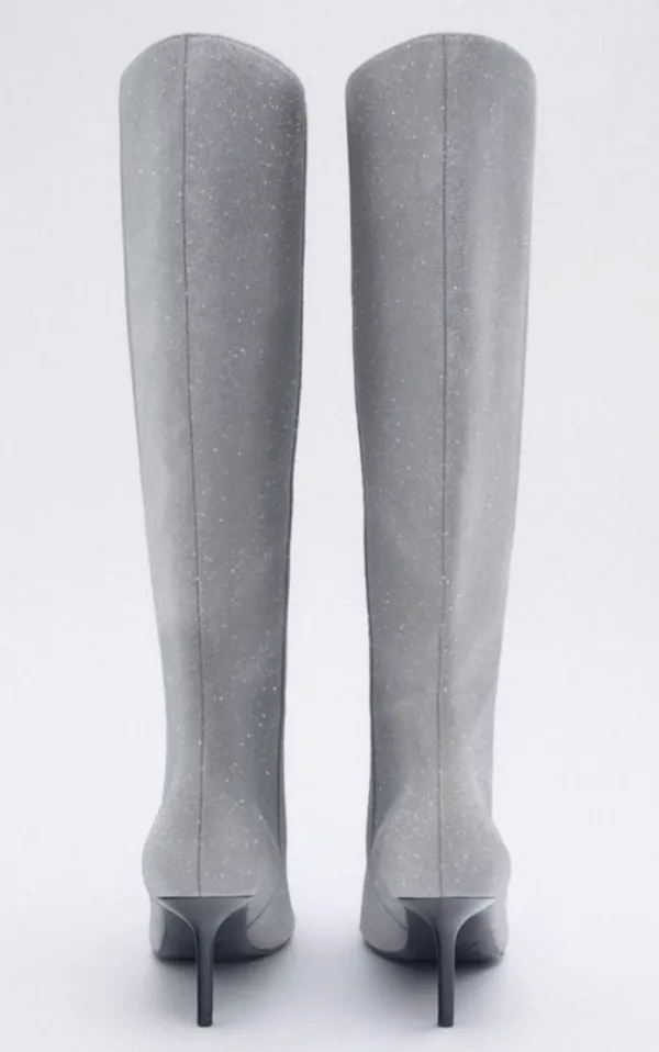 ZARA Silver Rhinestone Heeled Knee High Boots Heels - Image 5