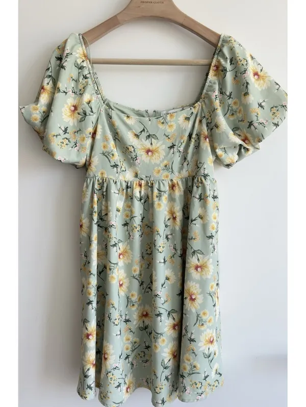 Altar’d State Floral Babydoll Mini Dress Puff Sleeve Sage Green Medium - Image 2