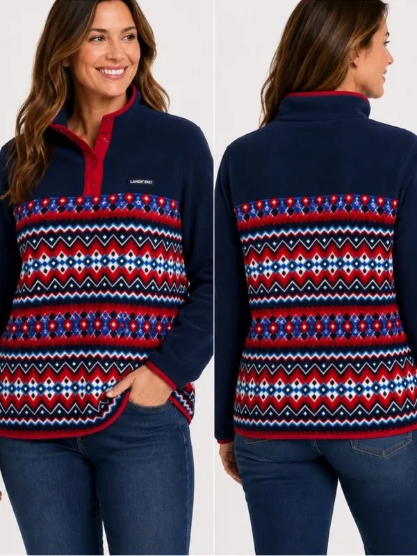 Lands End Snapneck Heritage Fleece Pullover Large Fair Isle Geometric - Image 2