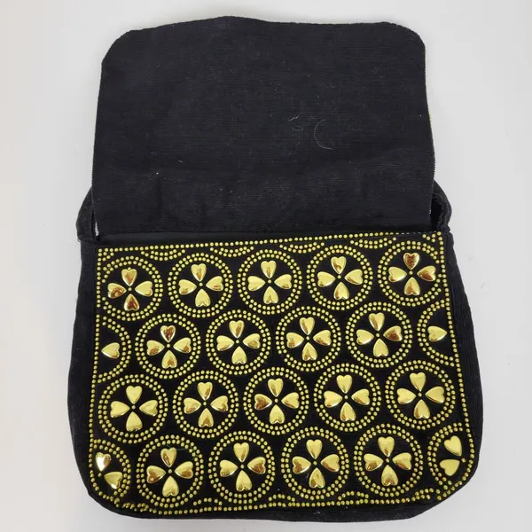 Vintage Retro Womens Bag Black Gold Beaded Studded Corduroy Purse Hong Kong - Image 8