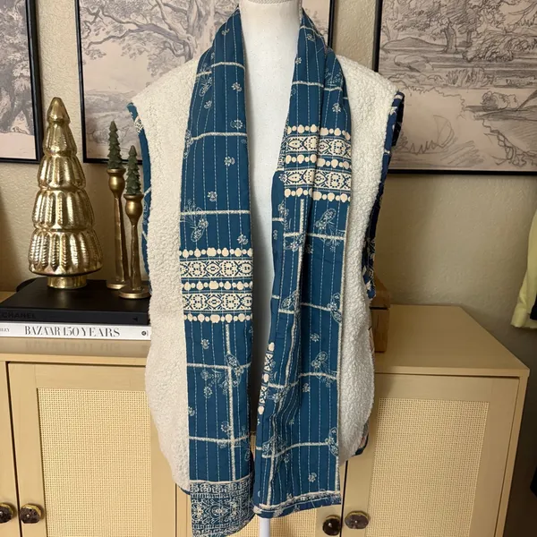 FREE PEOPLE Vera Plaid Patch‎ Sherpa Vest Oversized Boho Size Small - Image 3