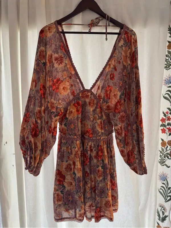 Free People Floral V-Neck Mini Dress in Lavender & Peach - Image 7