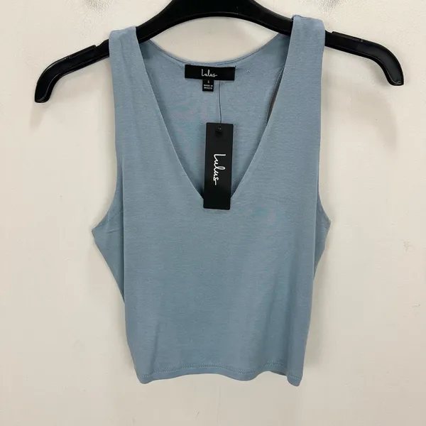Lulus Feel Like Dancing Blue Crop Top Minimalist Stretch Jersey Basics Small NWT - Image 4