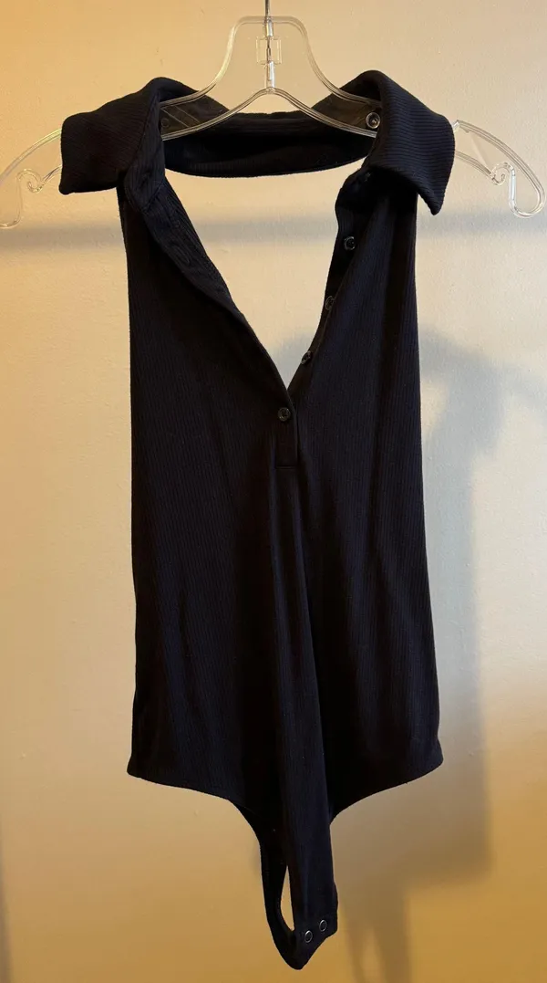 Express Ribbed Halter Neck Henley Polo Bodysuit - Image 2