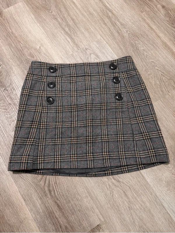 Gap Mini Skirt 2 Schoolgirl Fall Plaid Black Gray Tan Wool Clueless Y2K Buttons - Image 3
