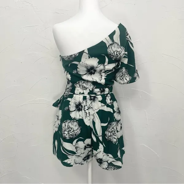 Lulus Flawless Moments Green Floral Print One-Shoulder Romper - Image 6
