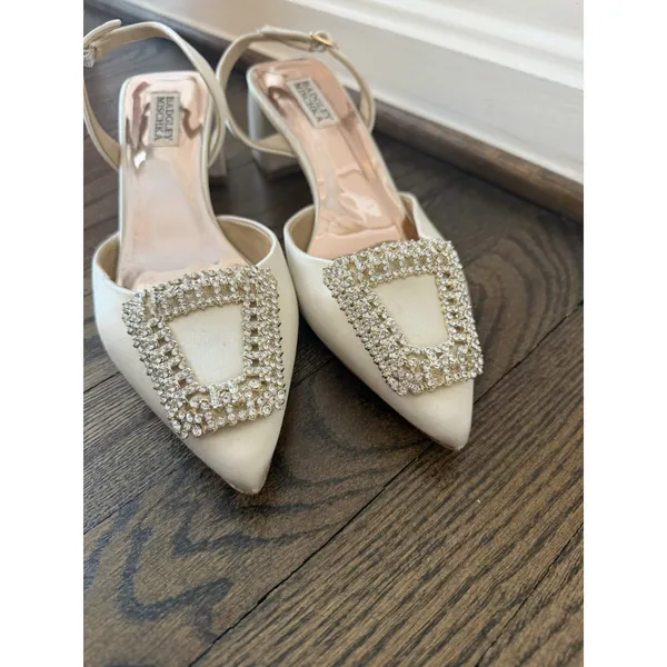 Badgley Mischka Womens Emmie Slingback Evening Pump Block Heel Ivory Satin 8 EUC - Image 4