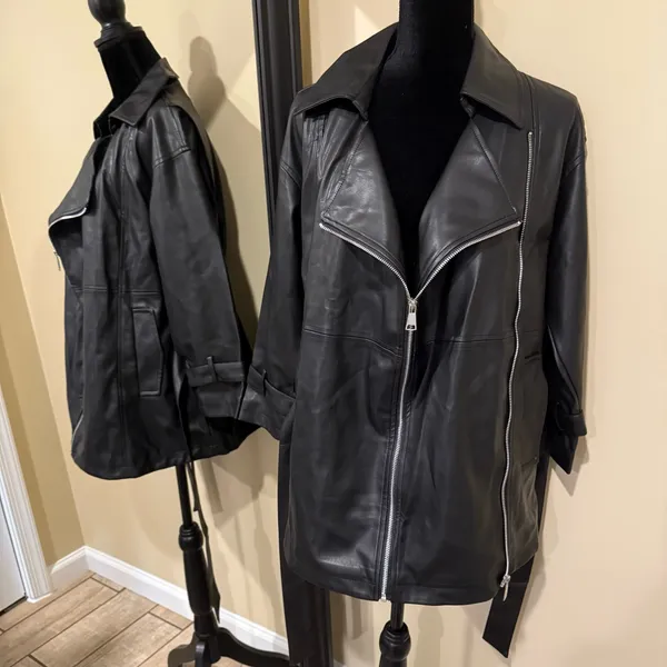 Faux Leather Jacket Pu Leather Coat Trench Parka Fall Coat Motorcycle Jacket Black Size XS - Image 2