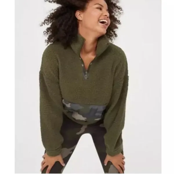 Aerie Fleece Pullover Quarter Zip Sweatshirt Olive Green Camo Womens Size Small - Image 2