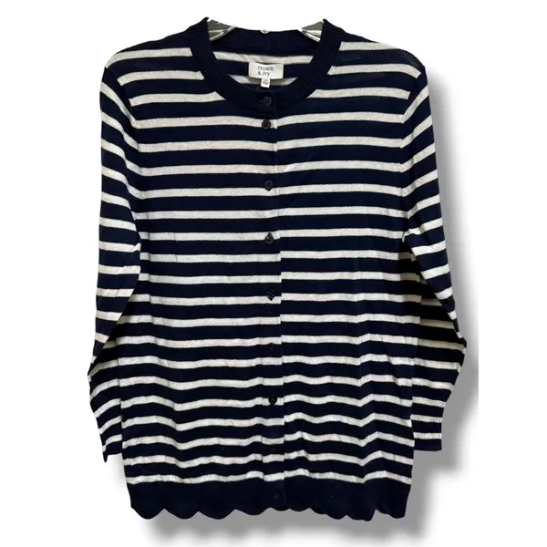 Crown & Ivy XS Navy Cream Stripe Cotton Scallop Hem Button Cardigan NWT - Image 2
