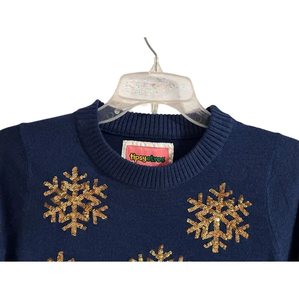 Tipsy‎ Elves Blue Mini Sweater Dress With Gold Sequin Snowflakes Size XS NWT - Image 16