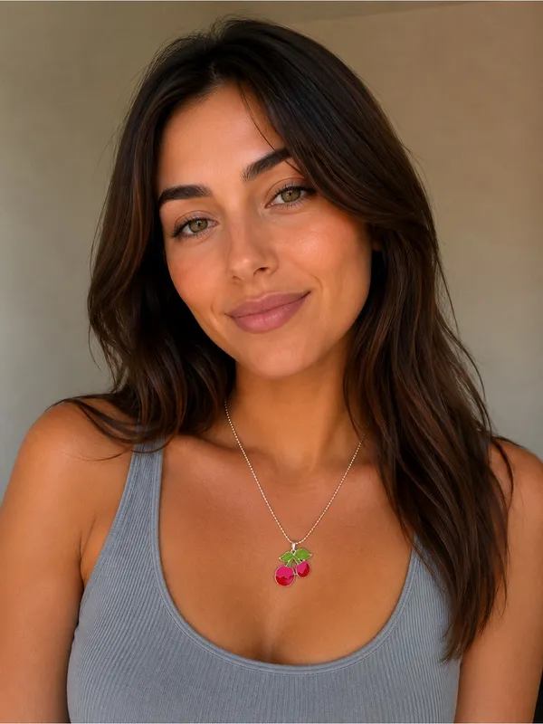 Cherry Pendant Necklace in Pink, Red and Green Pink - Image 3