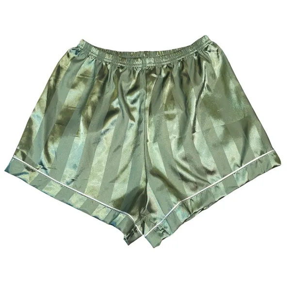 Sage Green Striped Satin Pajama Set Short Sleeve Button Down Shorts Womens Small - Image 4