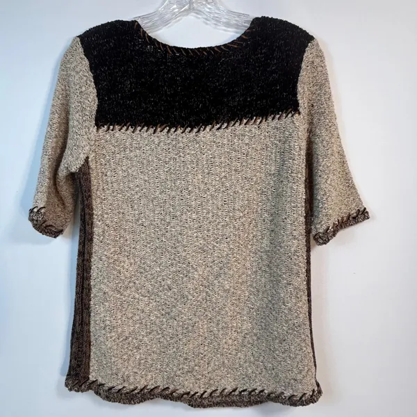 Coldwater Creek Mixed Media Cable Knit Cardigan Short Sleeve Tan Black Small - Image 2