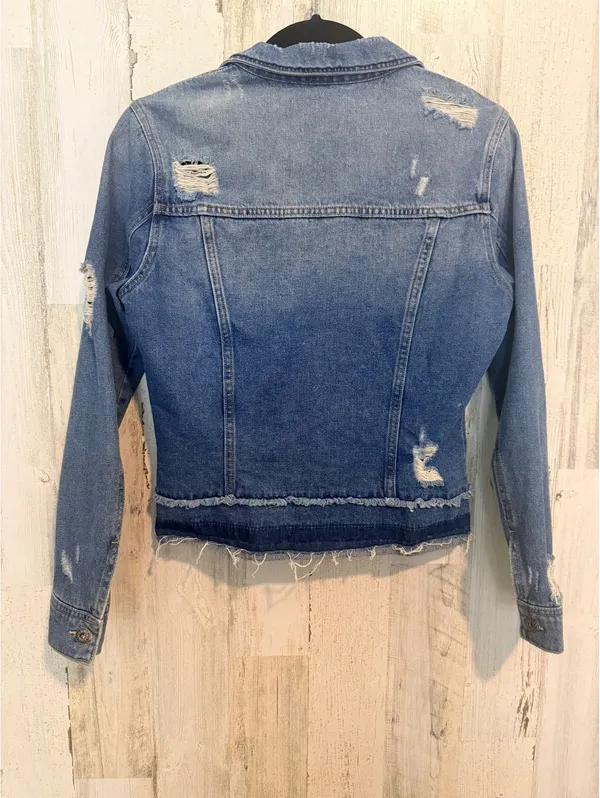 Sneak Peek Women’s Small Distressed Denim Jacket Raw Hem Patchwork Jean Jacket Blue - Image 8