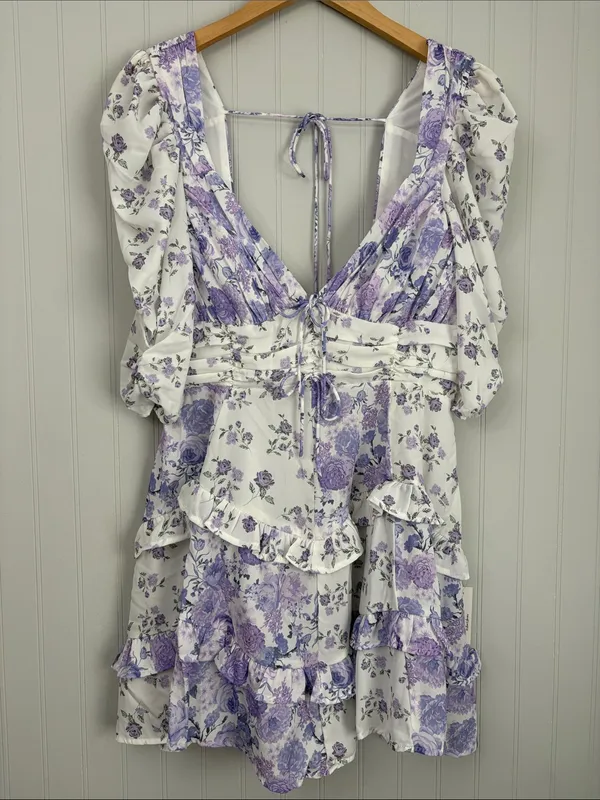 New For Love & Lemons Rosalyn Mini Dress White Lilac Floral Women Size Large - Image 4