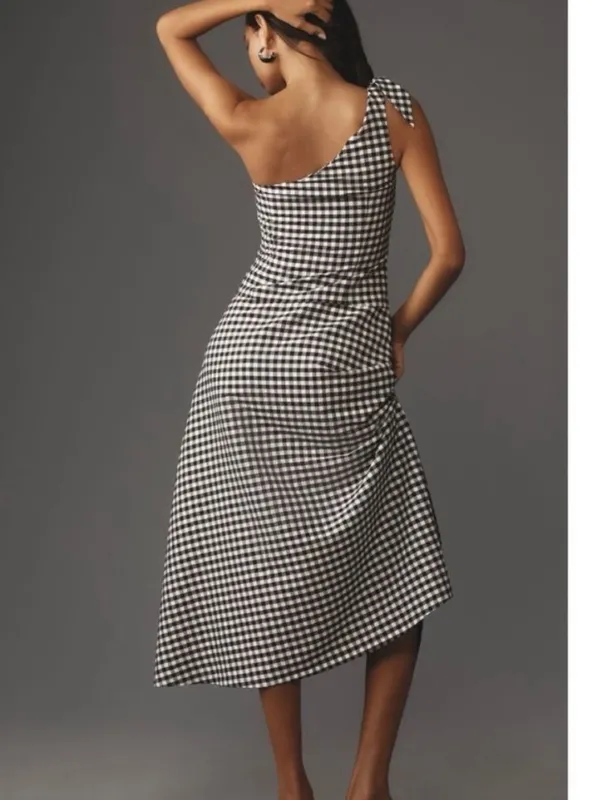 By Anthropologie One-Shoulder Black White Gingham Midi Dress XXS - Image 2