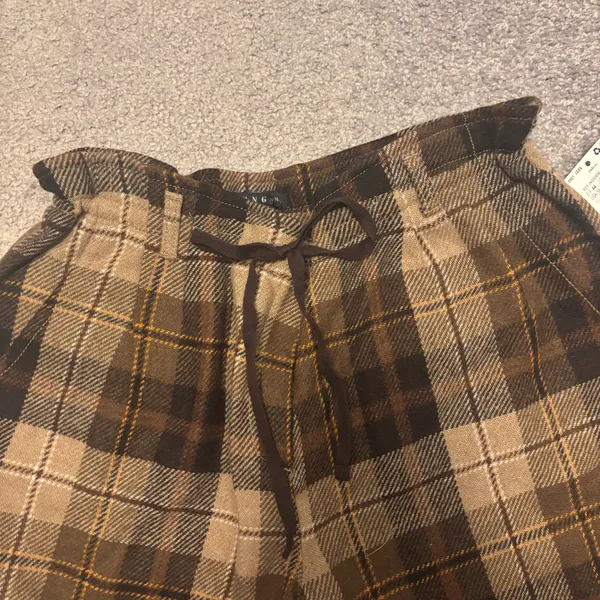 MNG by Mango Wool Plaid Brown and Tan Shorts with Drawstring Waist - Image 3