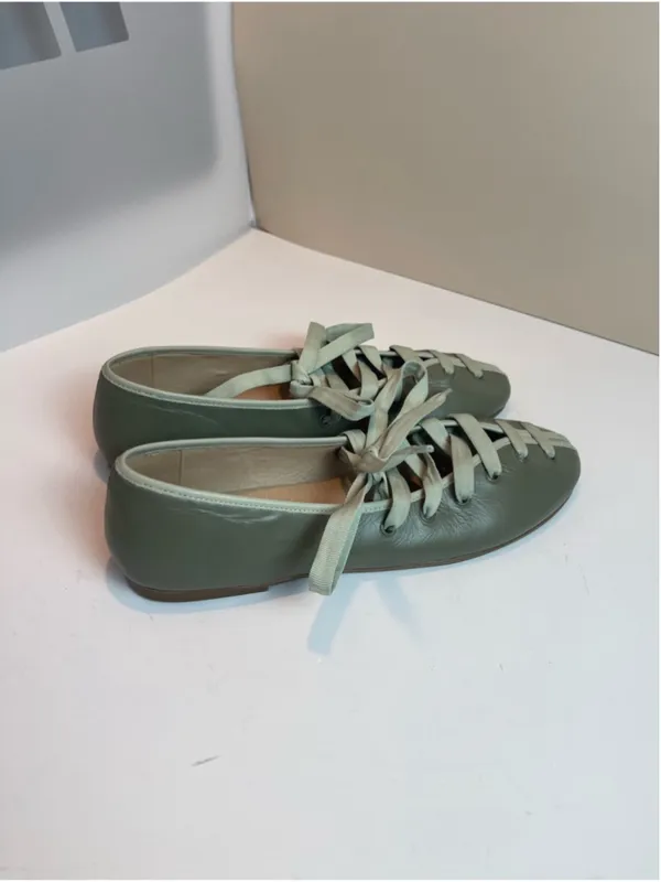 Maeve Genuine Leather Contrast Lace-Up Ballet Flats Sage green Sz 9 Balletcore - Image 3