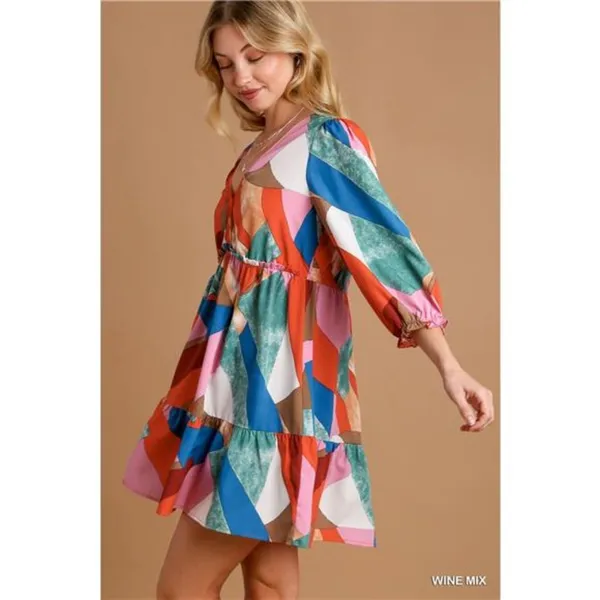 ✨NWT Umgee Abstract V-Neck Tiered Printed Dress‎ - Image 3