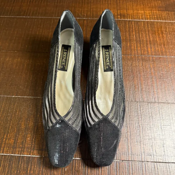 J. Renee Womens Black Mesh Leather Block‎ Heel Pumps Pointed Toe 9.5 M Vintage - Image 3