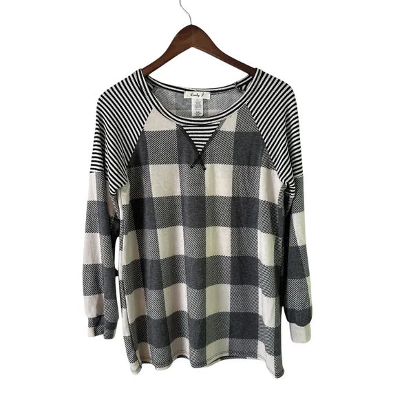 Lovely J Buffalo‎ Plaid Raglan Top Striped Sleeve Comfy Pullover Small - Image 4