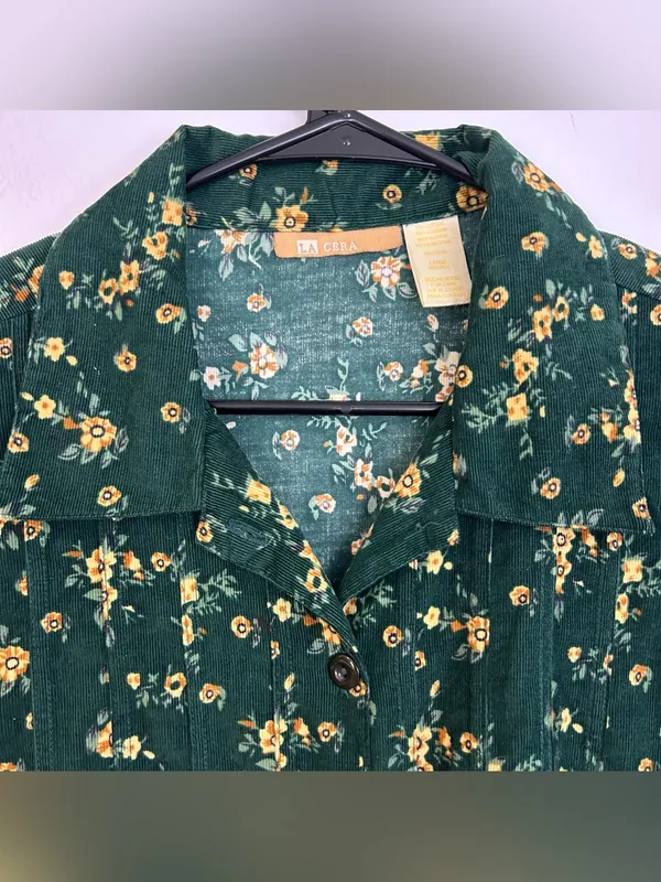 Vintage La Cera Green Floral Corduroy Button Down Cottagecore Midi Dress Large - Image 3