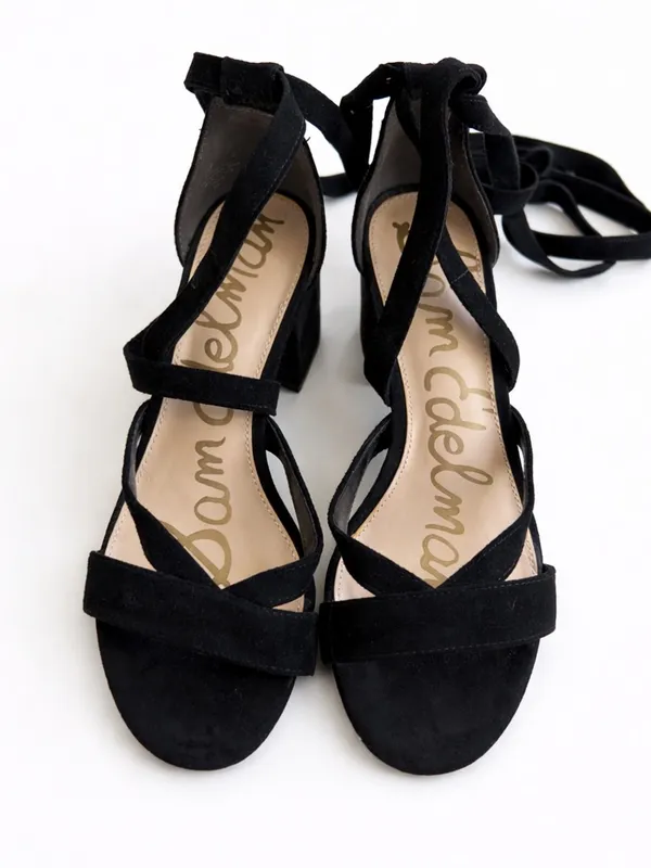 Sam Edelman Suede Lace-Up Block Heel Sandals Black Size 7 Strappy Wrap Heels - Image 2