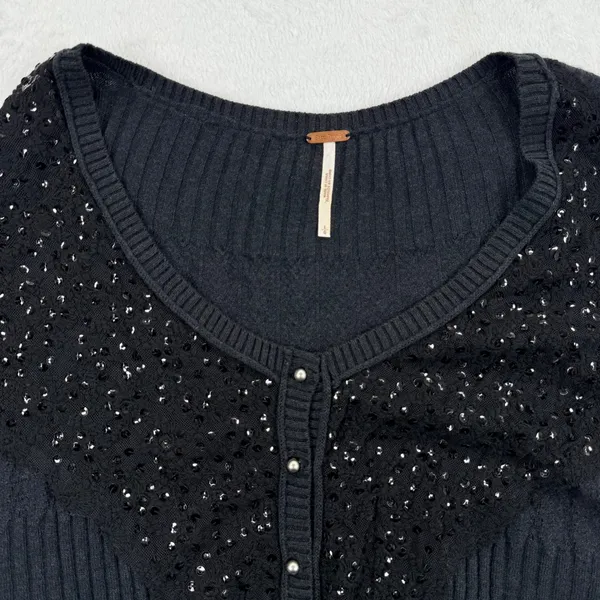 NWOT Free People‎ Womens L Sequined Cardigan Sweater Black Button Front Knit Top - Image 4
