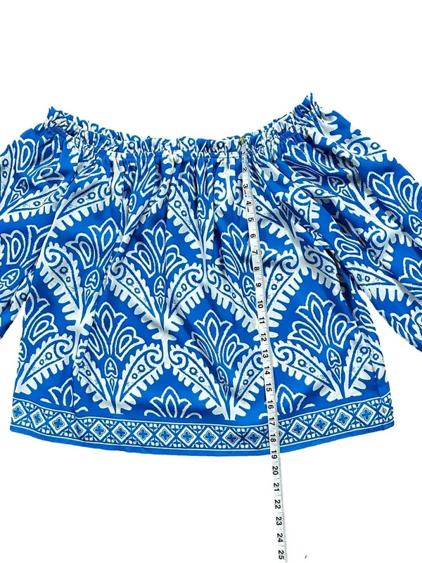 Flying Tomato Off Shoulder Artisan Boho Blouse Top Blue and White Medium - Image 9