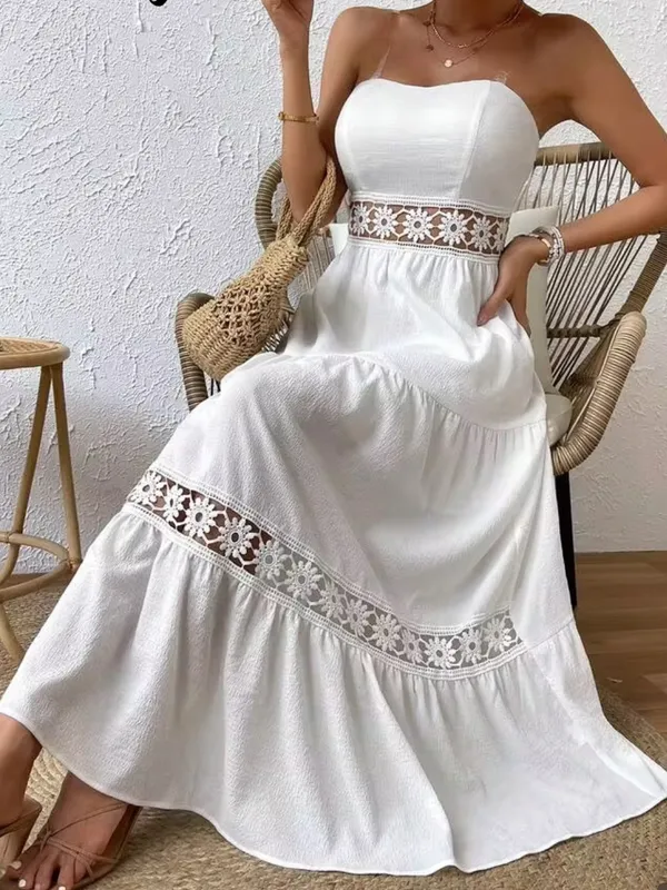 SheIn Large Breezaya Guipure Lace Insert Ruffle Hem Tube Dress White Maxi - Image 4