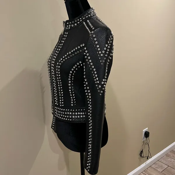 Genuine Leather Studded Crop Jacket Coat Blazer Cardigan Parka Slim Rhinestones - Image 4
