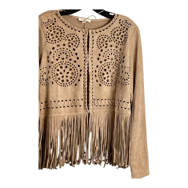 Easel Los Angeles Suede Like Jacket Boho Fringe Cutout Embellished Tan‎ - Image 4