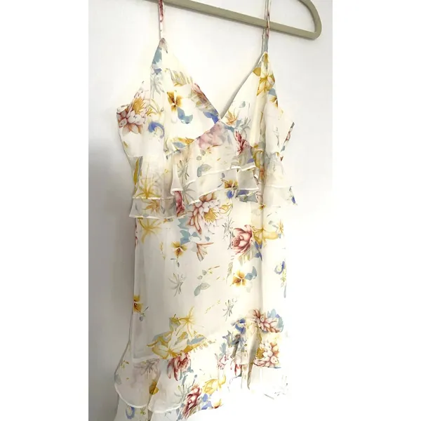 Lulus Sip of Chardonnay Cream Floral Print Ruffled Mini Dress Strappy Lined XL - Image 9