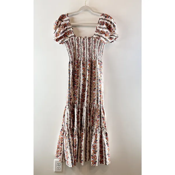 o.p.t Floral Daphne Puff Sleeve Smocked Tiered Midi Sundress White Pink Large - Image 3