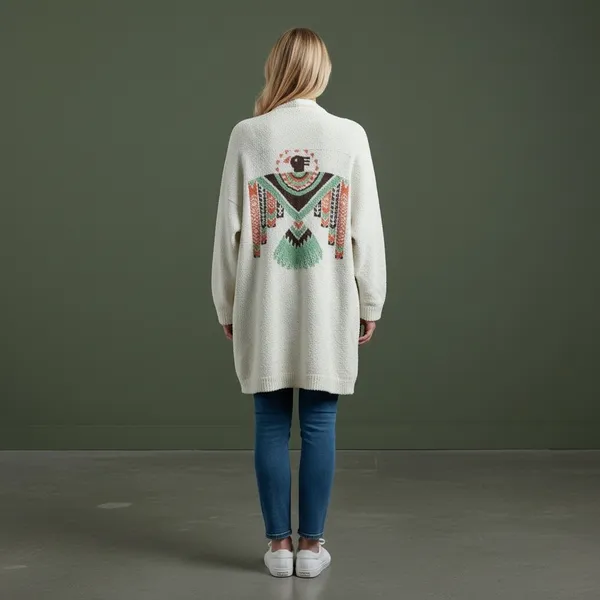 Blakeley Womens Cream Popcorn Knit Thunderbird Graphic Longline Cardigan‎ PS - Image 3