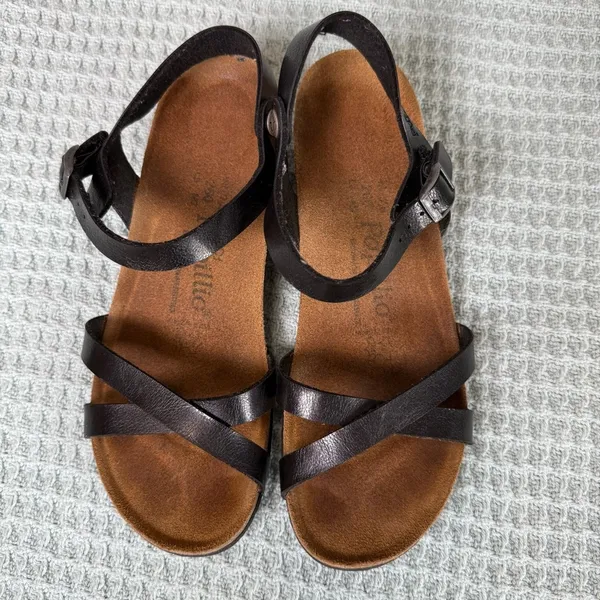 Papillio Birkenstock Womens Black Leather Sandals 9 Strappy Summer Wedge Shoes - Image 2