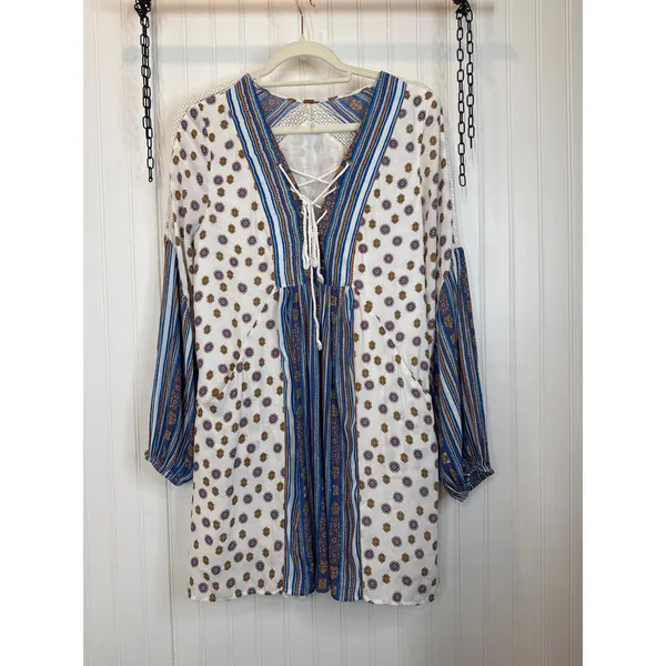 Free People Rain Shine Printed Lace-Up Swing Dress Floral Stripe Boho Mini Sz S - Image 2