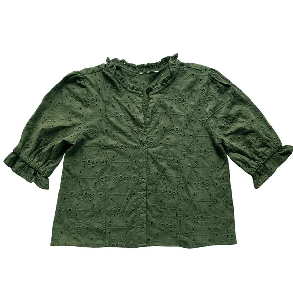 Unbranded 56R Olive‎ Green Eyelet Lace Ruffle Neck Puff Sleeve Cotton Blouse L - Image 2