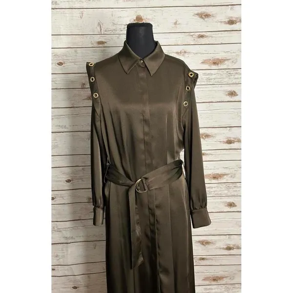 Zara olive green satin grommet detail belted Ring Trim maxi shirtdress Size M - Image 3