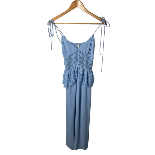 Free People Baby Blue Romantic Sheer Lace Peplum Babydoll Kiki Midi Slip Dress - Image 3