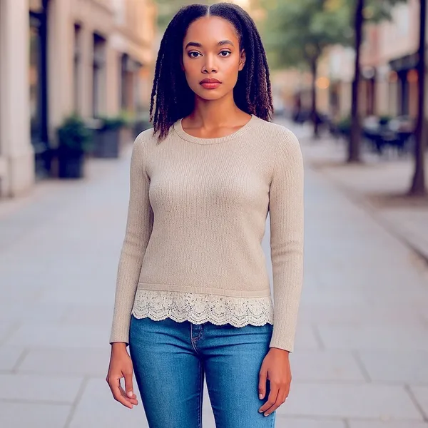 Hollister Oatmeal Lace Trim Sweater XS Lightweight Crewneck - Image 9