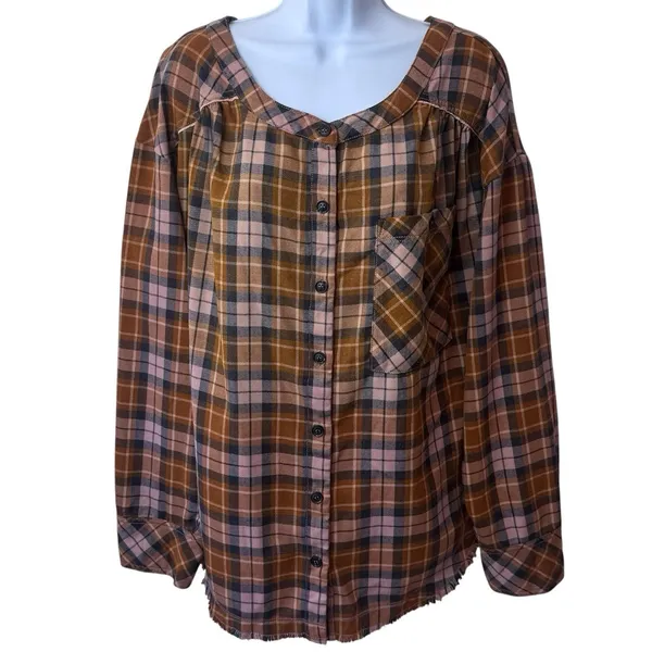 Free People‎ Cozy Dream Flannel Buttondown Oversized Raw Hem Feminine Outdoors L - Image 2